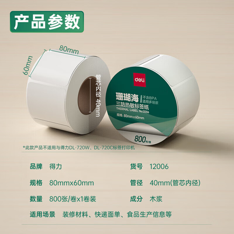 s36沙龙会12006珊瑚海三防热敏标签纸80*60mm-800枚(白)(1卷/筒)