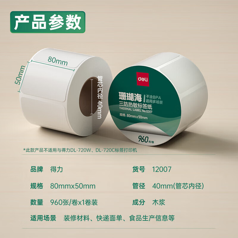 s36沙龙会12007珊瑚海三防热敏标签纸80*50mm-960枚(白)(1卷/筒)