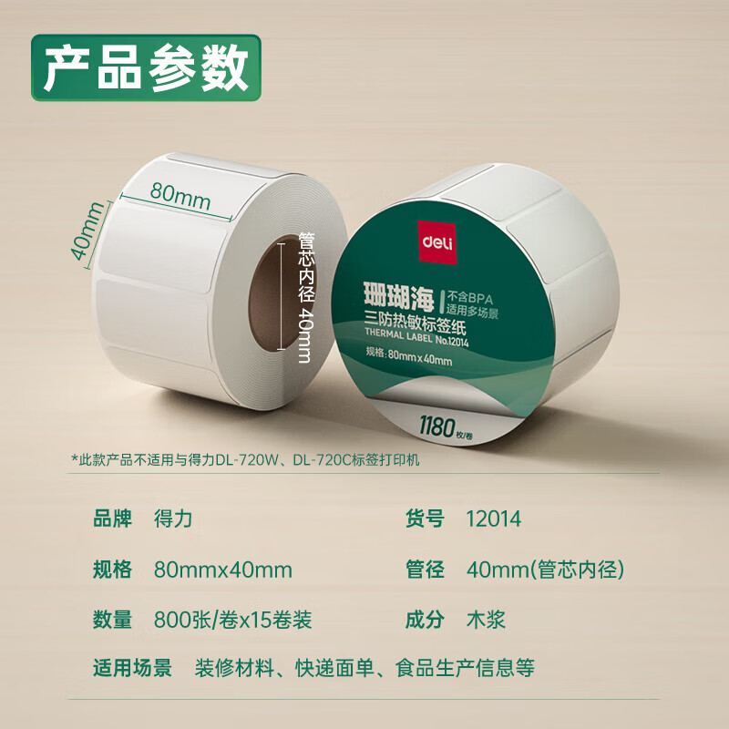 s36沙龙会12014珊瑚海三防热敏标签纸80*40mm-1180枚(白)(1卷/筒)
