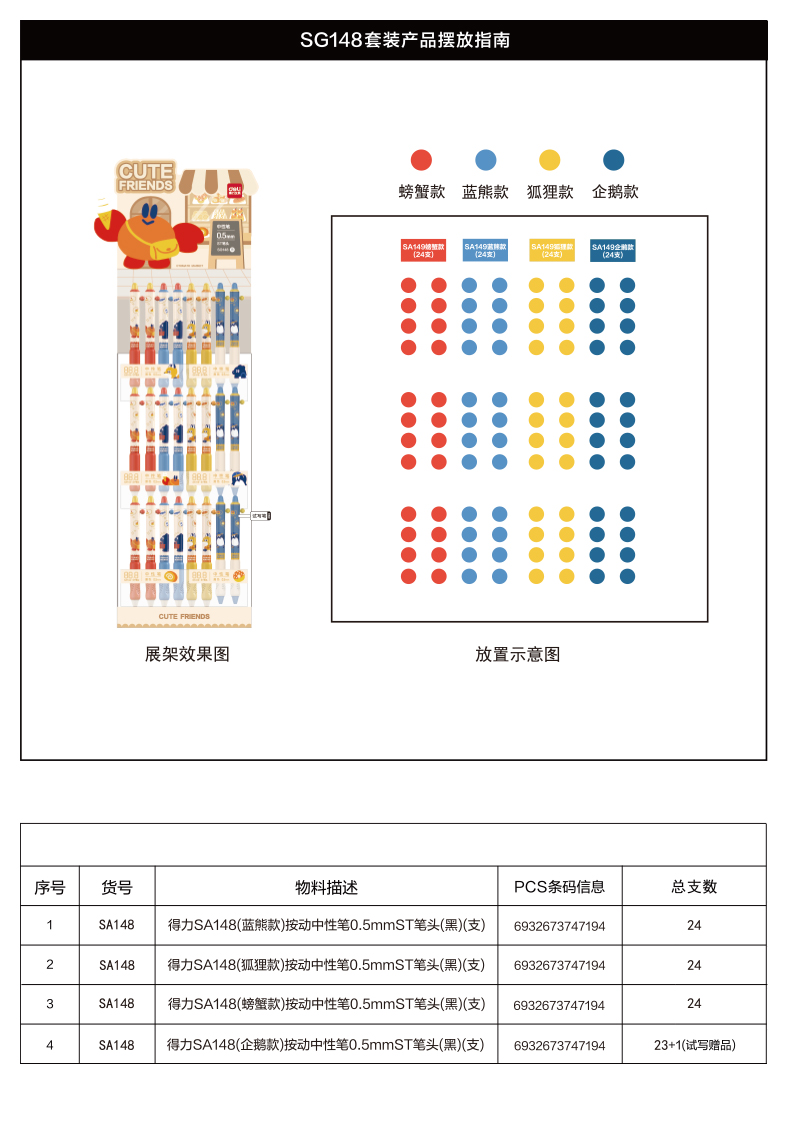 s36沙龙会SG148日本插画按动中性笔展架套装0.5mm速干ST头(黑)(96支/架)