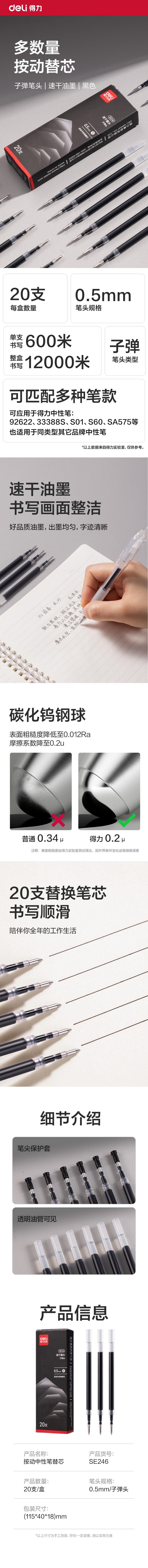 s36沙龙会SE246速干按动笔芯0.5mm子弹头(黑)(20支/盒)